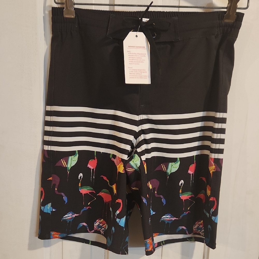 Boys Hawaii Hangover Black Flamingo Print Swim Shorts